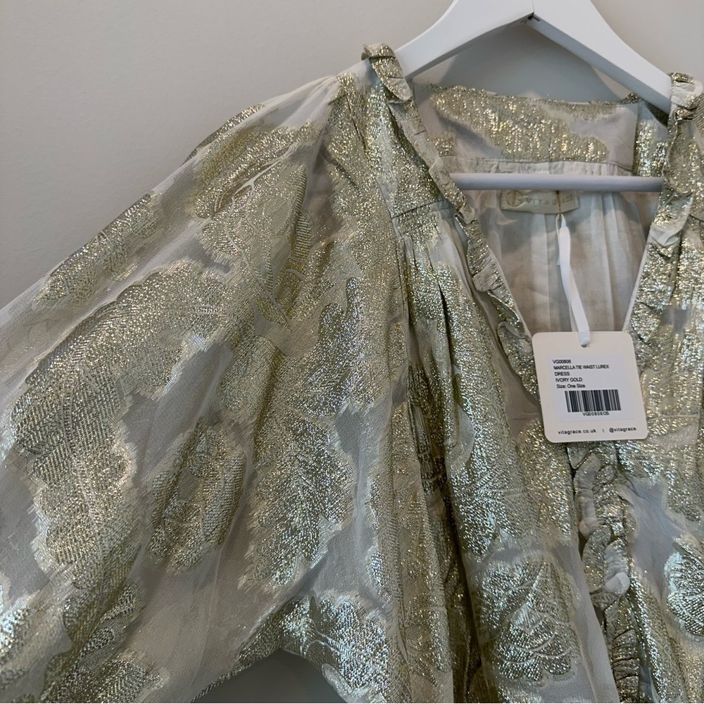 Vita Grace Marcella Lurex Tie Waist Dress Metallic Gold Bridal White Wedding - Picture 5 of 11